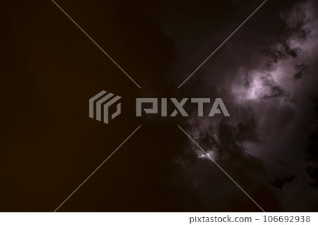 Ray. Storm. The sky is full of dark clouds in bad weather before a big storm rain. Light emission from the Edge of clouds. Zoom the surface of a Black haze at close range. 106692938