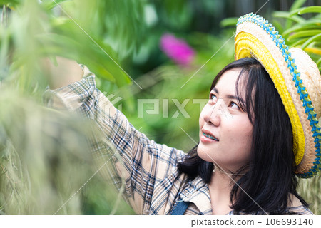 Young farmers female walking to checking orchid gardening farm, woman check quality of orchid flower in garden greenhouse, Agricultural concepts 106693140