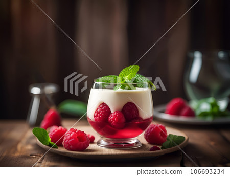 Italian dessert panna cotta with raspberries, mint leaves on a wooden plate 106693234