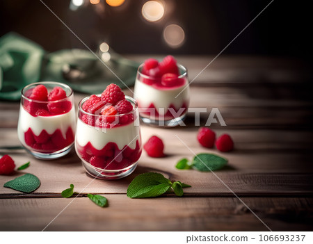 Italian dessert panna cotta with raspberries, mint leaves on a wooden plate 106693237