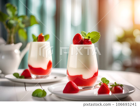 Italian dessert panna cotta with strawberries, mint leaves on a wooden plate 106693241