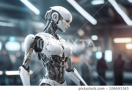 Portrait of a humanoid robot in an office center. AI development concept, human-robot cooperation 106693365