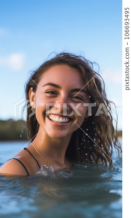 Happy young woman swimming in sea, close up portrait 106693495