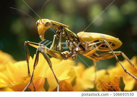 Futuristic robotic animal. Wildlife mechanical praying mantis insect with integrated nanotechnology. Flying robot, future technology concept 106693530