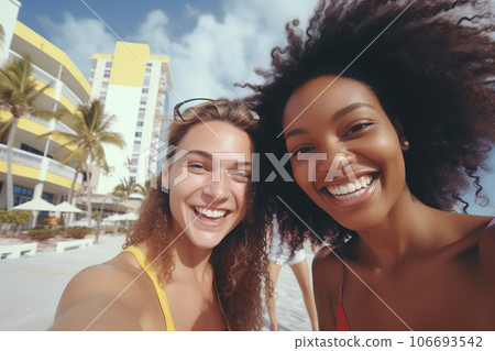 Interracial friends or gay LGBTQIA couple on tropical vacation. Lifestyle and travel concept Interracial friends or gay LGBTQIA couple on tropical vacation. Lifestyle and travel concept 106693542