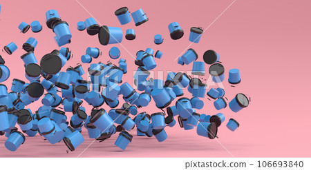 Many of flying plastic cans or buckets on pink background. Many of flying plastic cans or buckets on pink background. 106693840