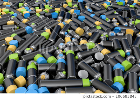 Pile of spray paint cans on black background. Spray bottle and dispenser Pile of spray paint cans on black background. Spray bottle and dispenser 106693845