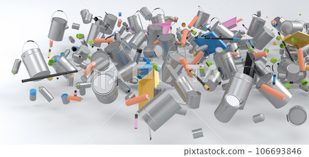 Many of flying metal cans or buckets with paint roller, brush on white Many of flying metal cans or buckets with paint roller, brush on white 106693846