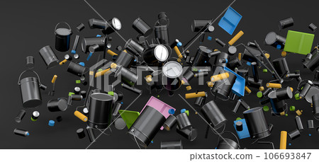 Many of flying metal cans or buckets with paint roller, brush on black 106693847