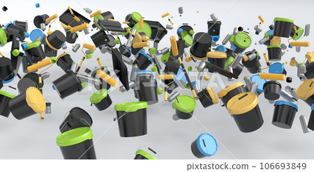 Many of flying plastic cans or buckets with paint roller, brush on white 106693849