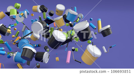 Many of flying plastic cans or buckets with paint roller, brush on violet 106693851