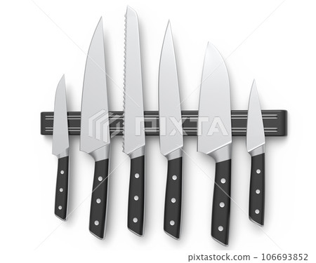Set of chef's kitchen knives and kitchen utensil hanging on shelf 106693852