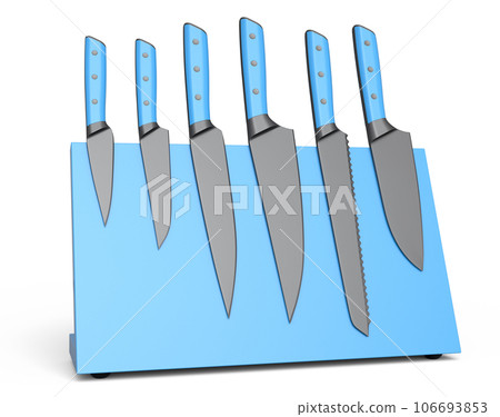 Set of chef's kitchen knives and kitchen utensil hanging on shelf 106693853