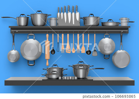 Set of kitchen utensil, stewpot, frying pan and chrome cookware hanging on shelf 106693865