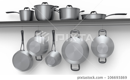 Set of stewpot, frying pan and chrome plated cookware hanging on shelf on white 106693869