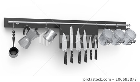 Set of kitchen utensil, stewpot, frying pan and chrome cookware hanging on shelf 106693872