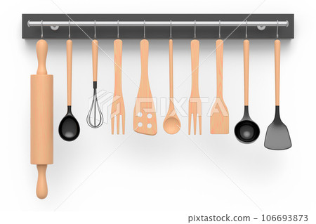 Set of kitchen utensil for preparation of dough hanging on shelf on white. Set of kitchen utensil for preparation of dough hanging on shelf on white. 106693873