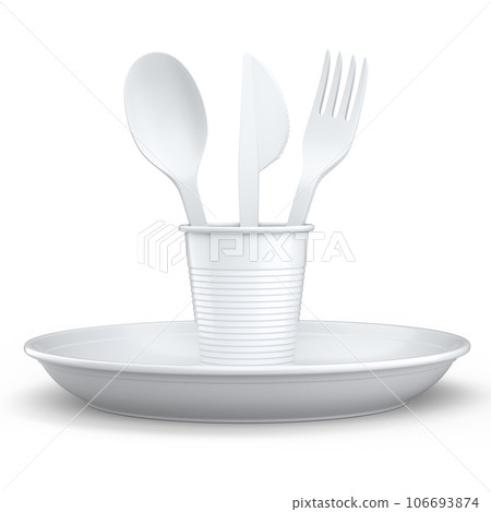 Set of disposable utensils like plate, folk, spoon,knife and cup on white. Set of disposable utensils like plate, folk, spoon,knife and cup on white. 106693874