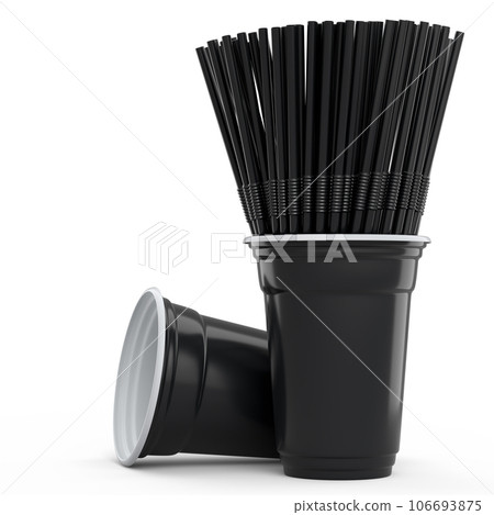 Set of plastic disposable party cups for coffee with heap straw on white Set of plastic disposable party cups for coffee with heap straw on white 106693875