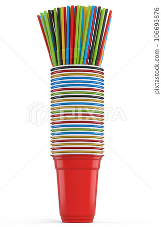 Set of plastic disposable party cups for coffee with heap straw on white Set of plastic disposable party cups for coffee with heap straw on white 106693876