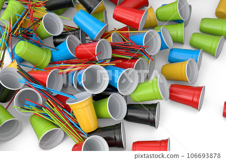 Heap of disposable utensils like plate, folk, spoon,knife and cup on white. Heap of disposable utensils like plate, folk, spoon,knife and cup on white. 106693878