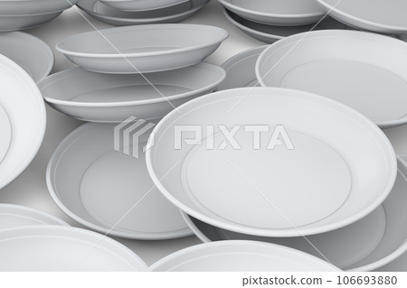 Heap of disposable utensils like plate on white background. Heap of disposable utensils like plate on white background. 106693880