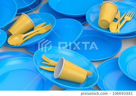 Heap of disposable utensils like plate, folk, spoon,knife and cup on white. Heap of disposable utensils like plate, folk, spoon,knife and cup on white. 106693881