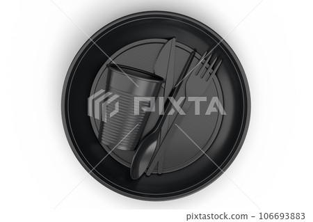 Set of disposable utensils like plate, folk, spoon,knife and cup on white. Set of disposable utensils like plate, folk, spoon,knife and cup on white. 106693883
