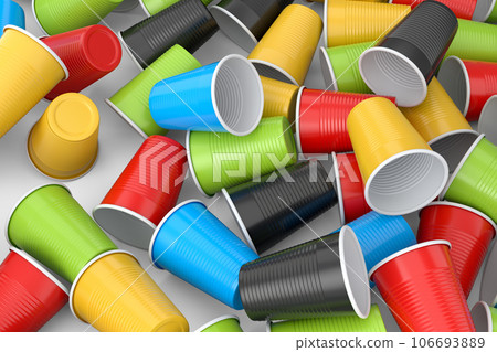 Heap of pastic disposable party cup for juice, fresh, beer on white background. Heap of pastic disposable party cup for juice, fresh, beer on white background. 106693889
