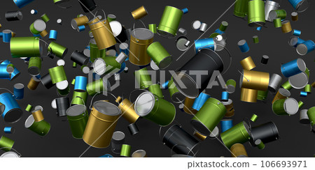 Many of flying metal cans or buckets on black background. Many of flying metal cans or buckets on black background. 106693971