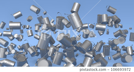 Many of flying metal cans or buckets on blue background. 106693972