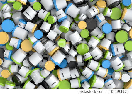 Pile of colorful plastic cans or buckets on white background. Pile of colorful plastic cans or buckets on white background. 106693973