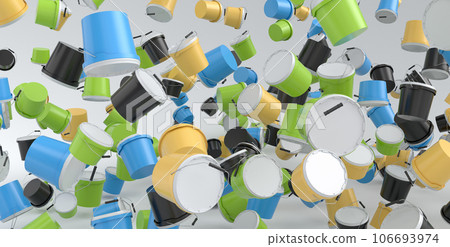 Many of flying plastic cans or buckets on white background. Many of flying plastic cans or buckets on white background. 106693974