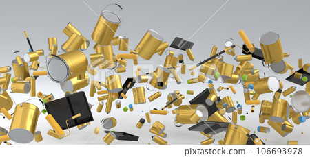 Many of flying metal cans or buckets with paint roller, brush on white Many of flying metal cans or buckets with paint roller, brush on white 106693978