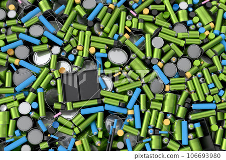Pile of spray paint cans on green background. Spray bottle and dispenser 106693980