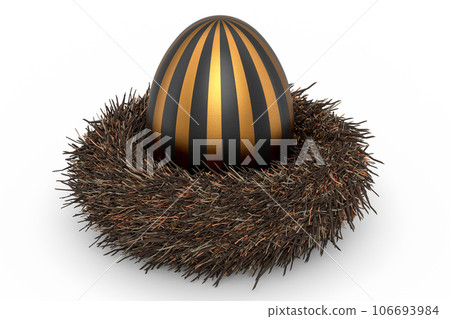 Golden and black Easter egg in bird nest isolated on white background. 106693984
