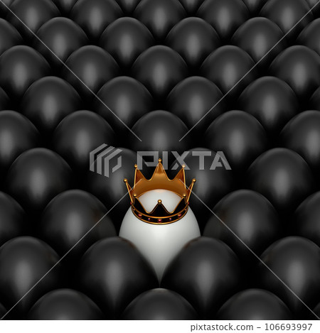 Heap of farm black chicken eggs and unique white egg in gold royal king crown Heap of farm black chicken eggs and unique white egg in gold royal king crown 106693997