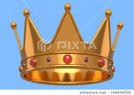 Gold royal king crown with jewelry isolated on blue background. 106694030