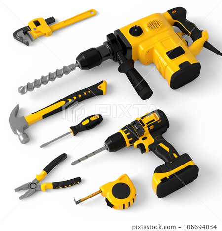 Flying view of yellow construction tools for repair on white background 106694034