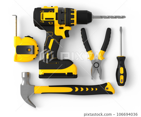 Flying view of yellow construction tools for repair on white background Flying view of yellow construction tools for repair on white background 106694036