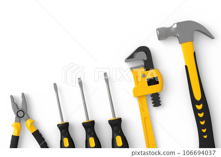 Flying view of yellow construction tools for repair on white background Flying view of yellow construction tools for repair on white background 106694037