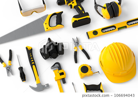 Flying view of yellow construction tools for repair on white background 106694043