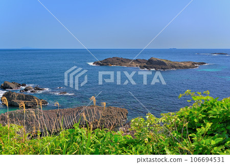 Izu Peninsula, Minami Izu, Tsumekizaki, geosite, Tawara Iso where columnar joints are lined up in an orderly manner, and a view of the blue sea, Shimoda City, Shizuoka Prefecture (2) 106694531