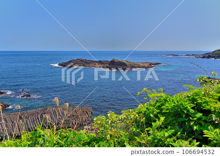 Izu Peninsula, Minami Izu, Tsumekizaki, geosite, Tawara Iso where columnar joints are lined up in an orderly manner, and a view of the blue sea, Shimoda City, Shizuoka Prefecture (3) 106694532