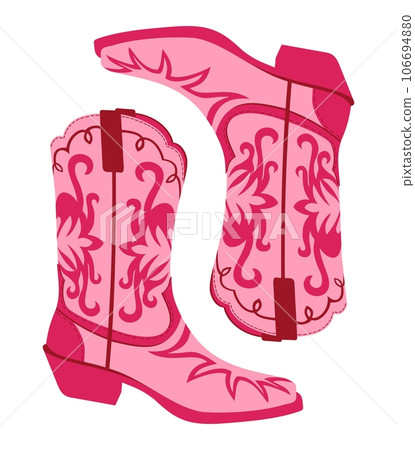 Retro cowgirl boots. Vector isolated illustration. Pink glamour footwear. Pinkcore concept. 106694880