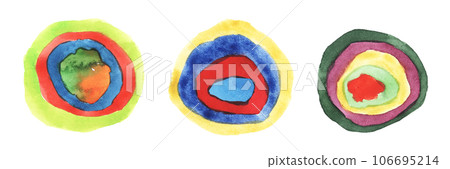 Abstract mosaic pattern circles. Kandinsky style colorful round figures. Hand painted watercolor 106695214