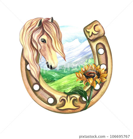 A horseshoe with a sunflower in the background of a mountain landscape with a portrait of a horse. Watercolor painted A horseshoe with a sunflower in the background of a mountain landscape with a portrait of a horse. Watercolor painted 106695767
