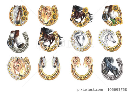 Set of horseshoes with the image of a horse in sunflowers, daisies. Hand watercolor. Isolate. Talisman of good luck. For stickers and labels, postcards, business cards and packaging, banner, t-shirts. Set of horseshoes with the image of a horse in sunflowers, daisies. Hand watercolor. Isolate. Talisman of good luck. For stickers and labels, postcards, business cards and packaging, banner, t-shirts. 106695768