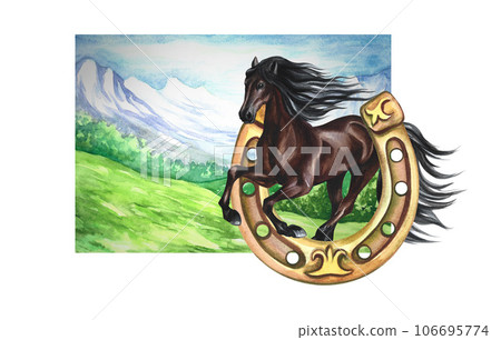Running brown horse in the background of a mountain landscape. Hand watercolor. For printing, stickers and labels. Running brown horse in the background of a mountain landscape. Hand watercolor. For printing, stickers and labels. 106695774