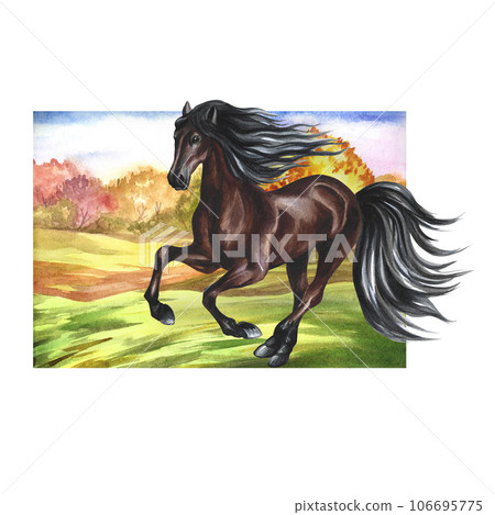 Running brown horse against the backdrop of an autumn landscape. Hand watercolor. For printing, stickers and labels. Running brown horse against the backdrop of an autumn landscape. Hand watercolor. For printing, stickers and labels. 106695775